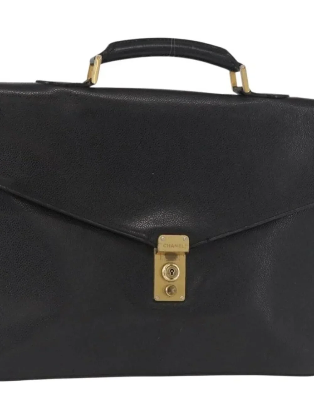 CHANEL Business Bag Grained Calf Skin Black Gold CC Auth 164528